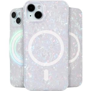 LONLI Hue - Magnetic Case for iPhone 15 - [Compatible with Magsafe] - [360 Shock-Absorbent Bumper] - [Cute and Unique Phone Cover for Girls and Women] - White Pearl Tort