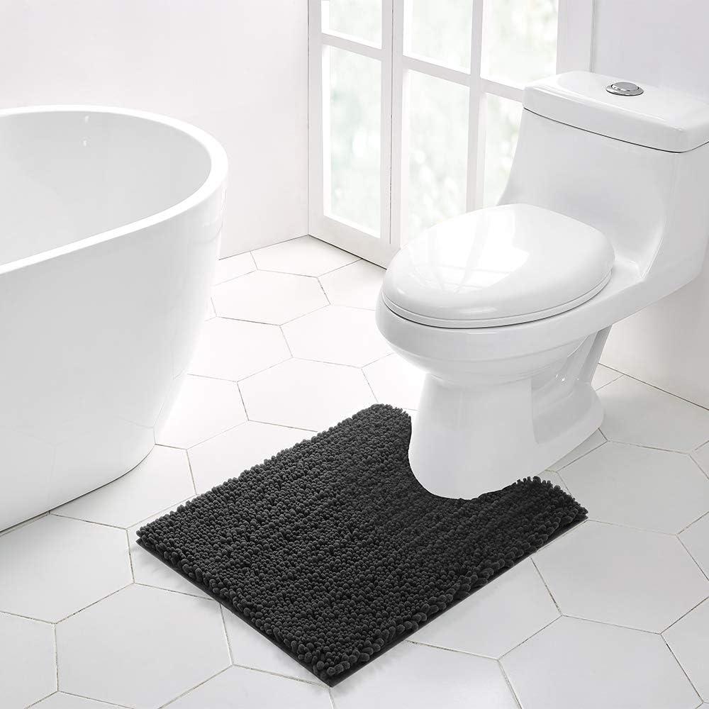 Walensee Bathroom Contour Rug Non Slip Toilet U Shaped Bath Mat (20x24, Dark Grey) Water Absorbent Super Soft Shaggy Chenille Machine Washable Dry Extra Thick Perfect Absorbant Best Plush Carpet
