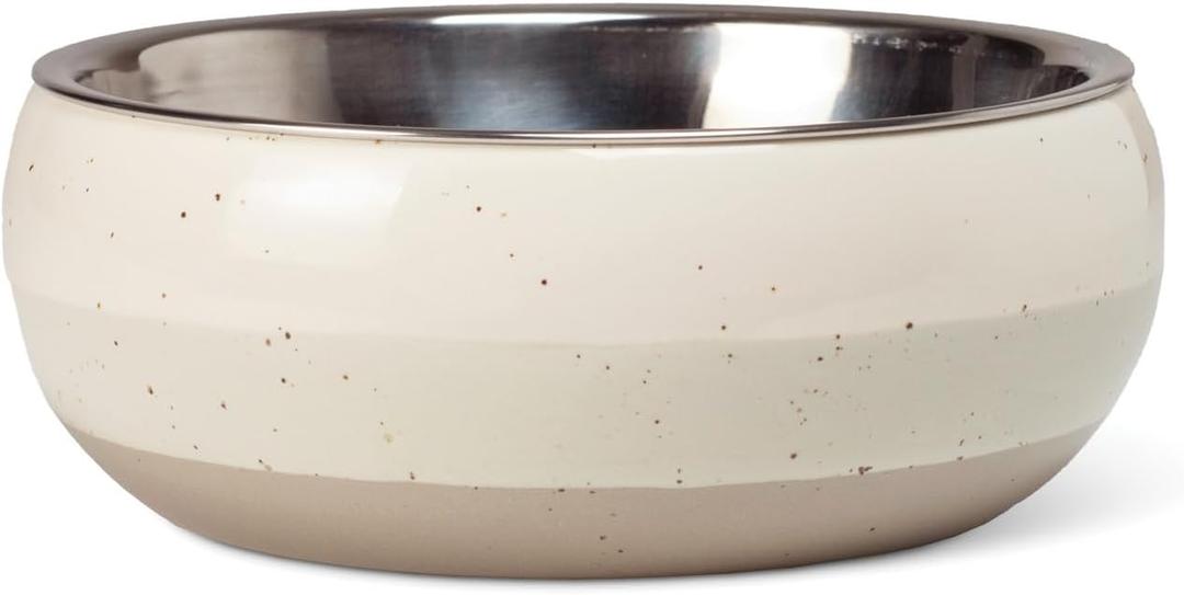 Fringe Studio Speckled Stripe Ivory Small Ceramic Pet Bowl W/Stainless Steel Bowl Insert (5" Diameter x 1.75" H, 13 fl.oz.), PetShop Collection (793SM001)
