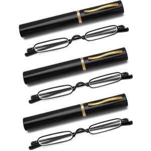 3 Pack Slim Pen Reading Glasses Metal Frame & Case Compact Portable Spring Hinge Eyeglasses for Women Men (Black, +2.50)