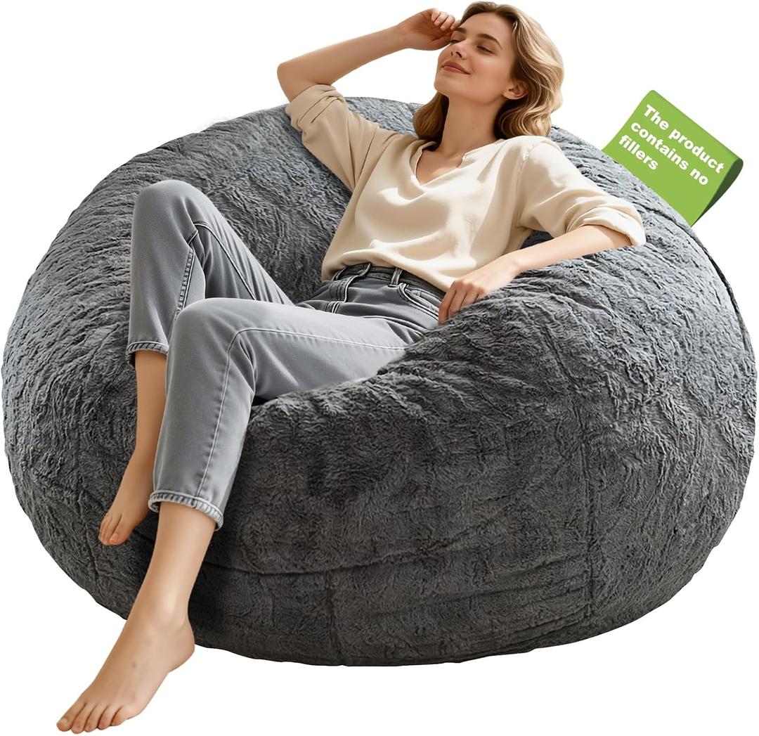 Bean Bag Chair Cover Without Filler,Big Round Soft Fluffy PV Velvet Washable Bean Bag Lazy Sofa Bed Cover for Adults,Living Room Bedroom Furniture Outside,4ft Dark Grey(No Filler)