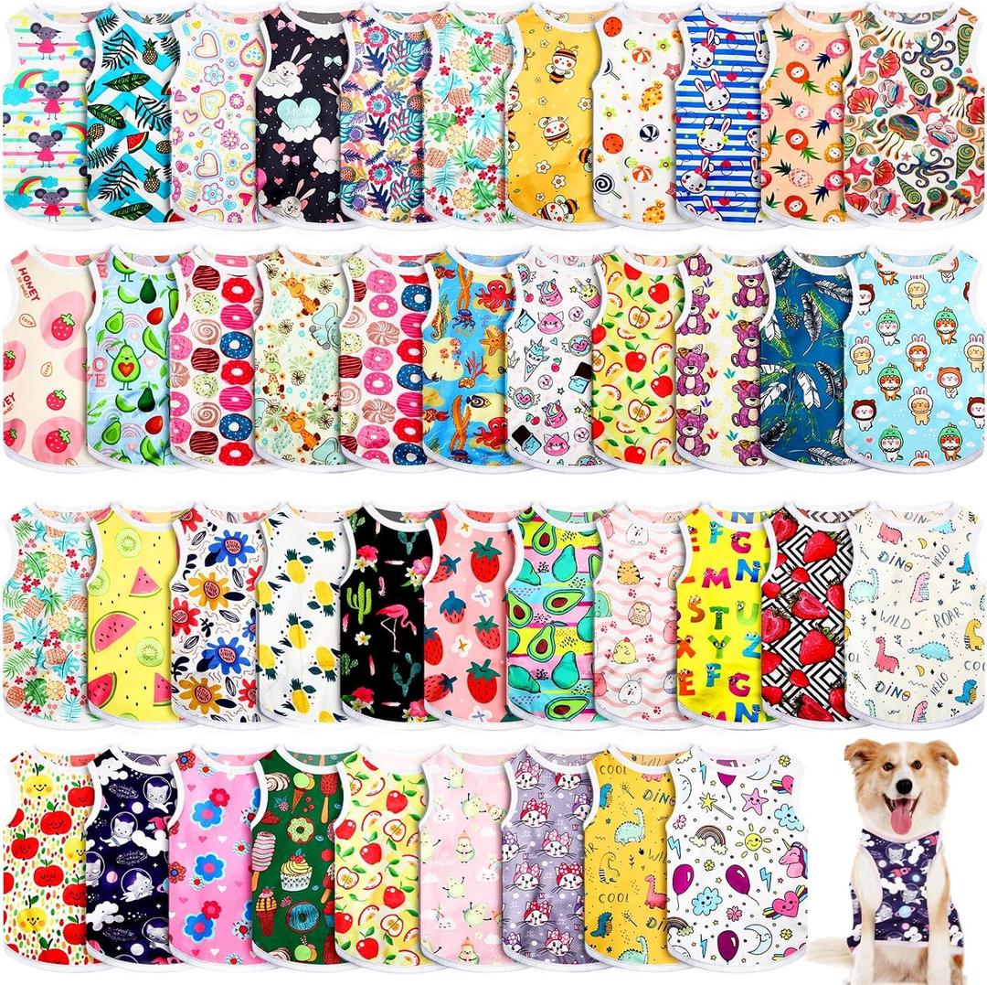 42 Pcs Dog Shirts Sleeveless, Soft Breathable Summer Puppy Clothes, Cute Printed Pet T-Shirt Vest Bulk Pack for Small Medium Large Dogs Pet Cat Hawaiian Clothing Daily Wear(L)