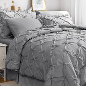 JOLLYVOGUE Grey Queen Comforter Set, 7 Pieces Pintuck Comforters Queen Size, Bed in a Bag Queen Comforter for Bedroom, Bedding Comforter Sets with Comforter, Sheets, Ruffled Shams & Pillowcases (Queen(88"x 88"))