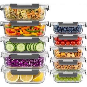 Dealusy 10 Sets (20-Piece) 4.5 Cup & 1.5 Cup Glass Food Storage Containers with lids, Airtight Leak-proof Glass Meal Prep Containers with Lids, Microwave Oven Freezer Dishwasher Safe, Gray, 12 ounces
