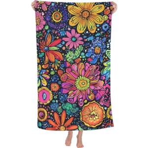 Bath Towel Colorful Flower Art Beach Towels Soft Absorbent Washcloths Quick Dry Luxury Hotel Quality Towelling for Adults Kids Bathroom Spa Gym Swimming 31.5 x 51.2 Inch Oversized