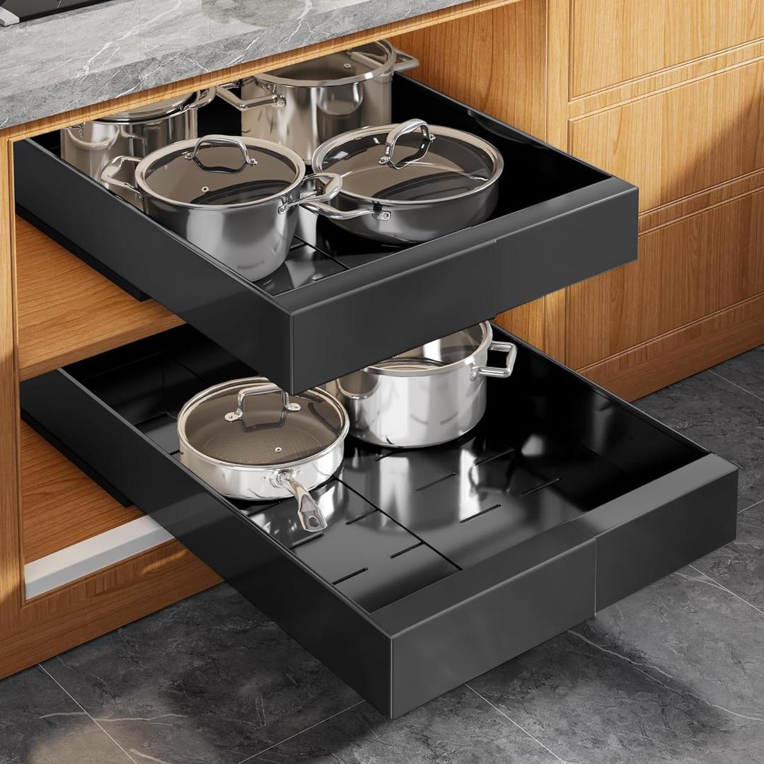 2 Pack Expandable Pull Out Cabinet Organizer 21" Deep with Raising Pad for Framed Cabinets, Upgrade 3 Slide Rails Slide Out Drawers, Roll Out Shelves Adhesive, Adjustable Width 9"-14.1" Black