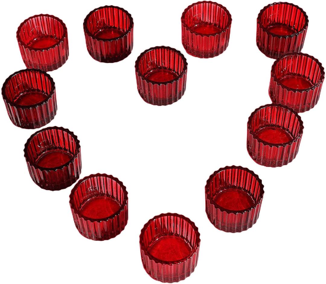 VOHO Red Candle Holders for Table Centerpiece, Tealight Candle Holder Set of 12 for Small Tealight Candles, Glass Votive Candle Holders for Her Valentine Christmas(2 x 1.4 Inch)