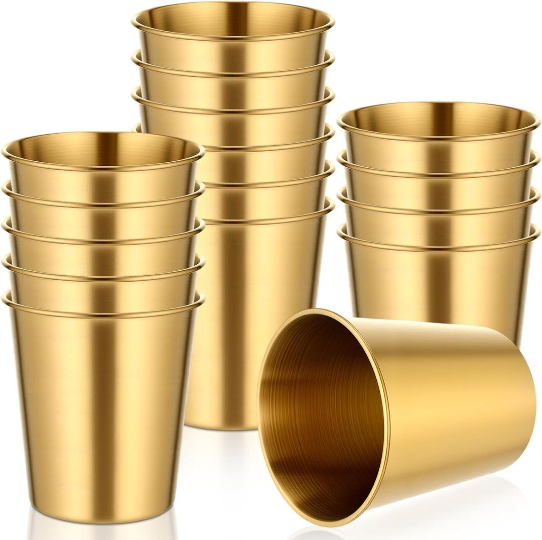 Baderke 16 Pack Stainless Steel Cups and Adult Pint Tumbler Metal Cups Stackable Tumbler Shatterproof Metal Drinking Glasses for Travel Outdoor Camping(9 oz,Gold)