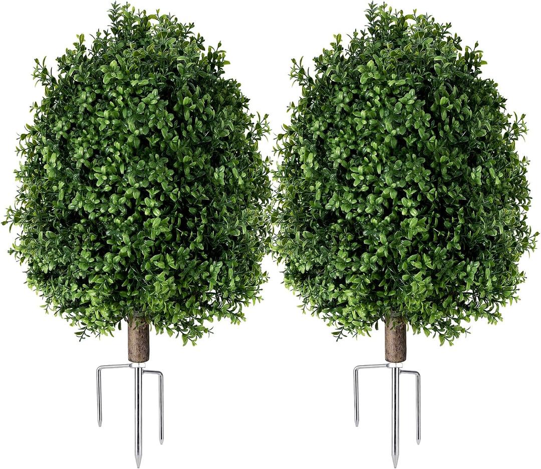 QCQHDU Artificial Boxwood Topiary Ball Bush for Outdoor, 26.8" Fake Trees Evergreen Plants with Ground Spike,UV Resistant Faux Greenery Shrubs for Indoor,Garden,Yard,Front Porch,Patio Decor,Set of 2