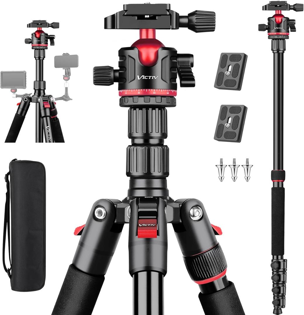78" Porfessional Tripod for Camera, Victiv Aluminum Camera Tripod Monopod for DSLR, Spotting Scope,Telescope, Binoculars, Compact Heavy Duty Camera Stand for Photography Video Recording Travel (Red)