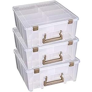 ArtBin 6990ZZ Super Satchel Double Deep 3-Pack, Portable Art & Craft Organizers with Handles, [3] Plastic Storage Cases, Clear & Gold