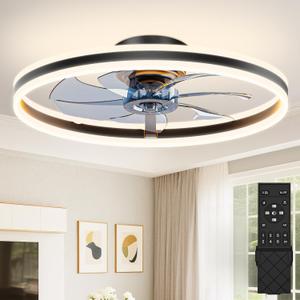 VOLISUN Low Profile Ceiling Fans with Lights and Remote, 24in Flush Mount Ceiling Fans with Light, 3000K-6500K Dimmable Fandelier LED Fan Light, Black Bladeless Ceiling Fans with Lights for Bedroom