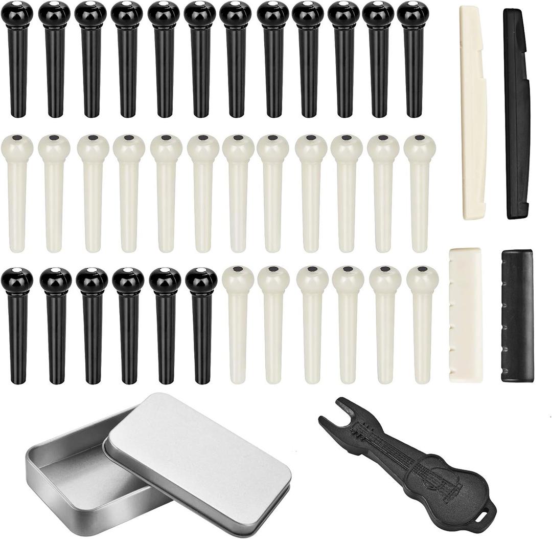 36PCS Acoustic Guitar Bridge Pins Pegs with 2 PCS Guitar Saddle Nut and Bridge Pin Puller Remover, Ivory & Black