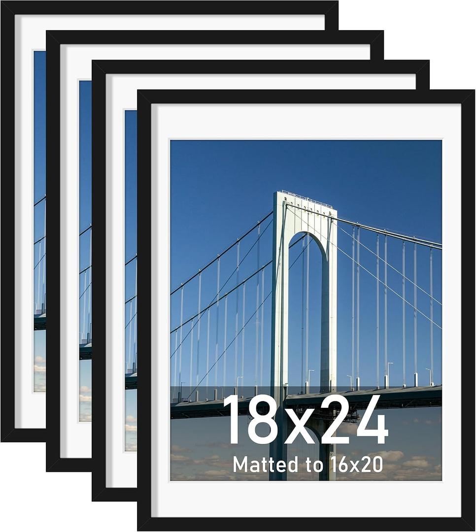 Wiscet 18x24 Poster Frame Set of 4, Display Picture 16x20 with Mat or 18x24 without Mat, Photo Frame for Horizontal or Vertical Wall Display, Black