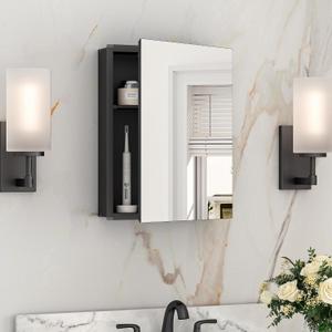 Keonjinn Black Medicine Cabinet 14 x 18 Inch, Assembly Needed, Bathroom Mirrored Medicine Cabinet, Lightweight, Freely Adjustable Shelves, Recessed or Wall Mount, Tempered Glass
