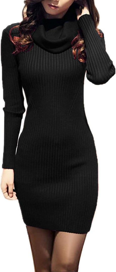 v28 Sweater Dress for Women Ribbed Knit Fitted midi Sexy Fall Winter Bodycon Cowl Neck Dresses (Medium, Black)