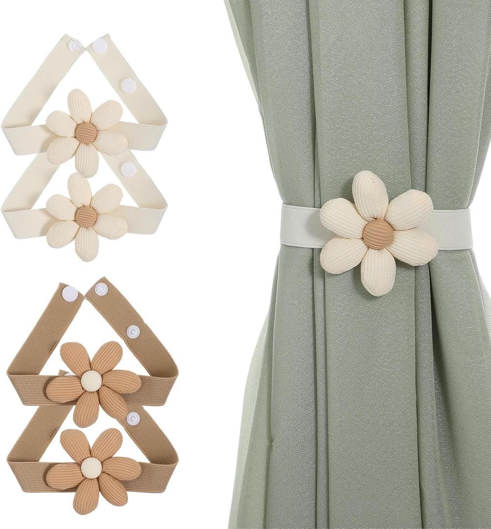4 Pcs Boho Flower Curtain Tiebacks, Farmhouse Style Sunflower Curtain Holdbacks, Simple Elegant Decorative Rope for Bedroom Window Treatment, Cute Curtains Tie Backs (2 Khaki & 2 Cream)