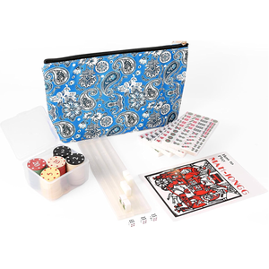 Xelbreelark Mini Mahjong Travel Set, American Travel Mahjong Game with 166 White Tiles (0.8"), Complete Portable Set Includes 4 Racks, Rules, Chips,Dice & Blue Printed Bag