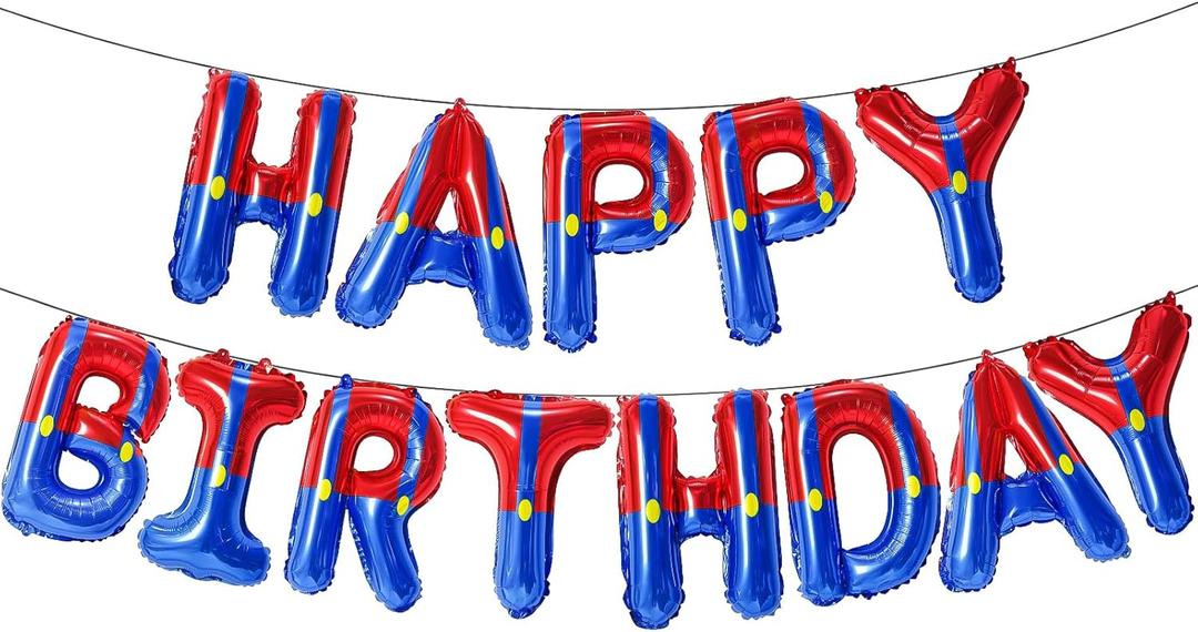 GoGoGoodie Super Bros Happy Birthday Banner Balloons Letters Signs Game Theme Party Decorations (Red and Blue)