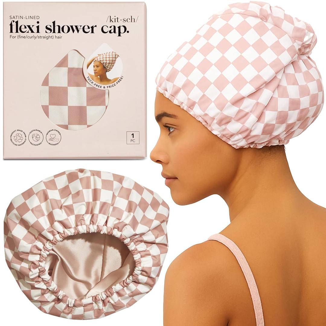 Kitsch Luxury SatinLined Flexi Shower Caps for Women Reusable Waterproof  Large Wide Shower Cap for Women & Men, Adjustable, Stylish Hair Cap for Showers, For Long & Short Hair  Terracotta Checker