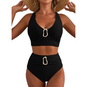 Herseas Women's High Waisted Bikini Sets Crisscross Back Swimsuit V Neck Metal Ring 2026 Summer Bathing Suit Beachwear (Black, L)