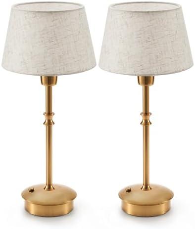 UMEXUS Small Cordless Lamp Rechargeable Table Lamps Set of 2, Dimmable Battery Operated Lights, Portable Accent Light for Side Table Restaurant Dining Outdoor, Beige Fabric Shade, Antique Brass