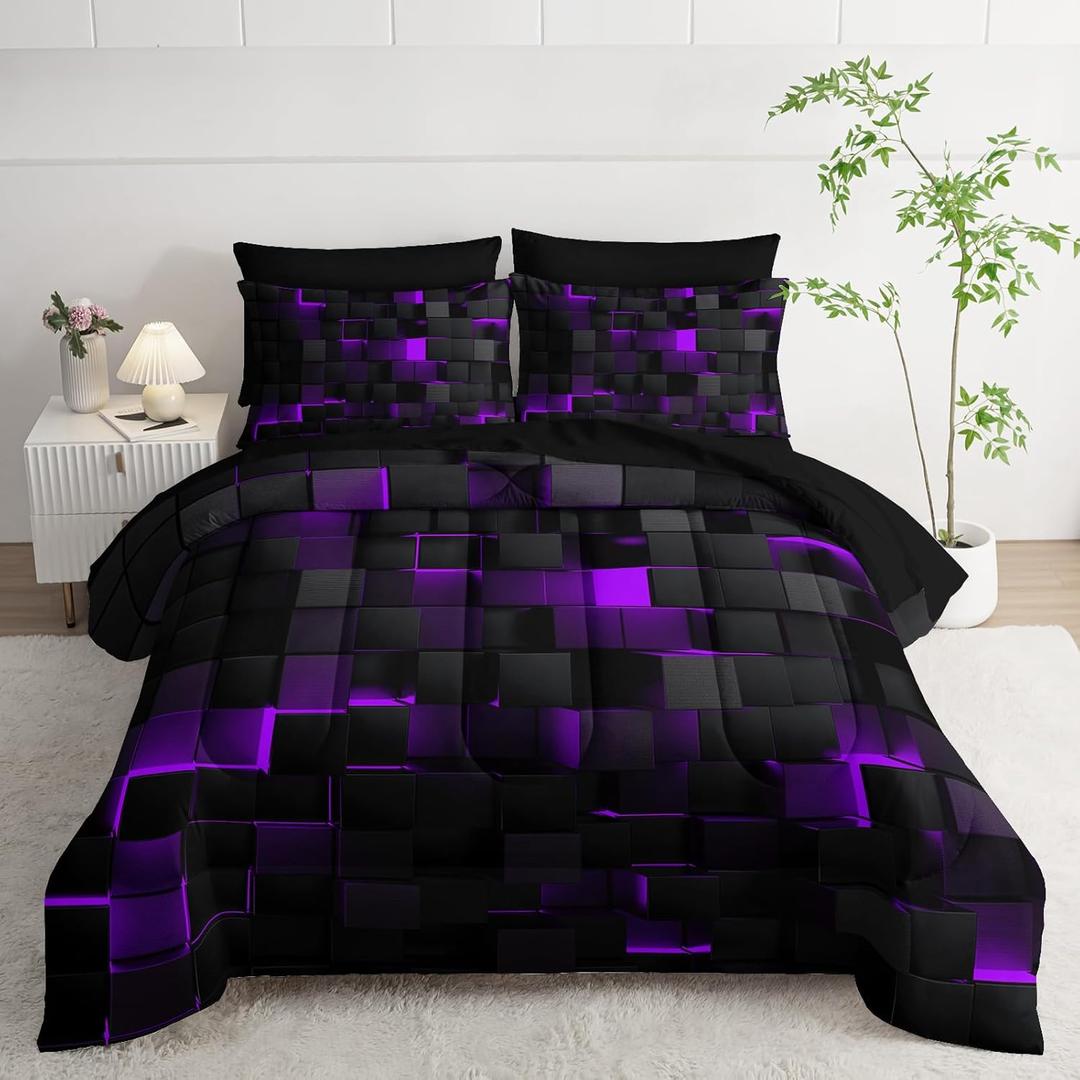 Geometric Violet Black Queen Comforter Set,Light Honeycomb Bedding Set 7 Piece in A Bag,Bed Sheet Set Geometry Decor,Microfiber Lightweight All Season (Purple)
