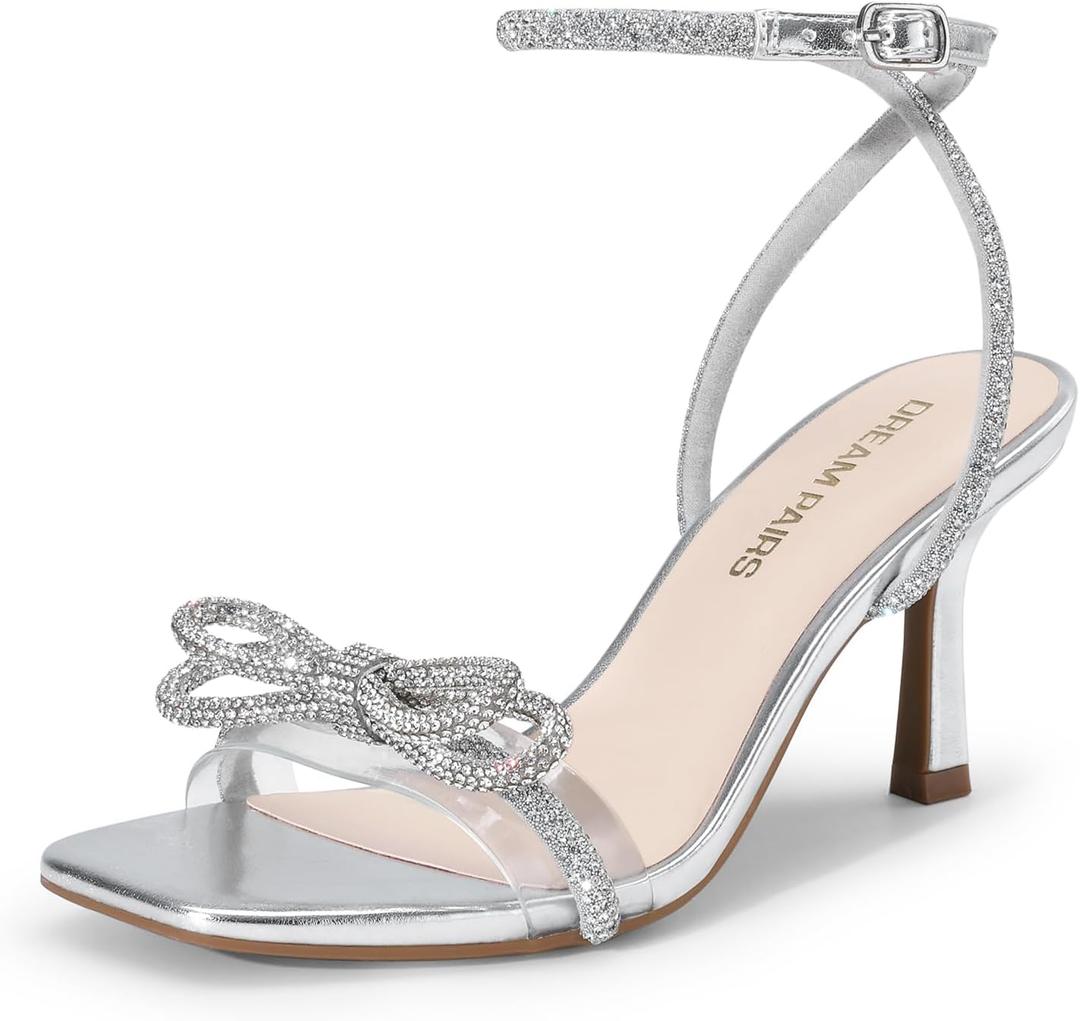 DREAM PAIRS Women's Double Bowknots Heels Open Square Toe Ankle Strap Crystal Rhinestone Dress Sandals for Party Wedding (9)