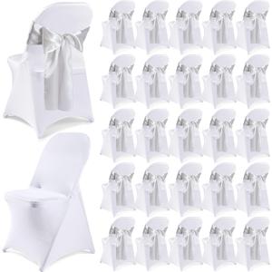 Lounsweer 50 Pcs Folding Chair Cover Set with 25 Stretch Spandex Slipcovers 25 Satin Chair Sashes Bows Ribbon Washable Banquet Protector for Wedding Event Party(White, Silver)