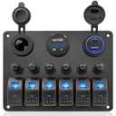 Aluminum 6 Gang Marine Rocker Switch Panel Waterproof for Boat Circuit Breaker Protected, Digital Voltage Display, PD QC3.0 USB Port,12V DC Power Socket for Trailer Bus Car Truck RV Vehicles Yacht