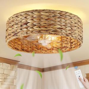 Caged Rattan Ceiling Fans with Lights,Boho Flush Mount Ceiling Fan with Light,Wicker Cage Ceiling Light Fixture,4-Light Farmhouse Bohemian Ceiling Lamp for Kitchen Bedroom Hallway