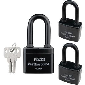 FIGODE Outdoor Waterproof Padlocks, Covered Heavy Duty Laminated Steel Locks, Large Sturdy Locks, 2.2 in. Wide, 3 Locks Same Key, Long Padlocks