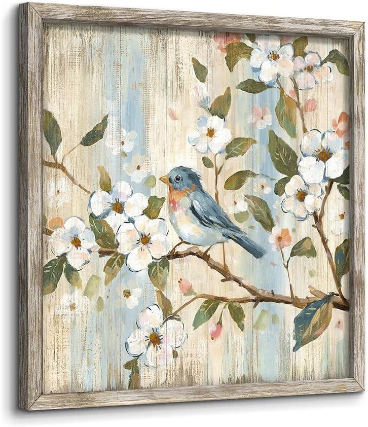 Cherry Blossom Tree Picture Framed: Flower Artwork Botanical Painting Bird Animal Wall Art on The Branch Wood Print for Bedroom(16x16)