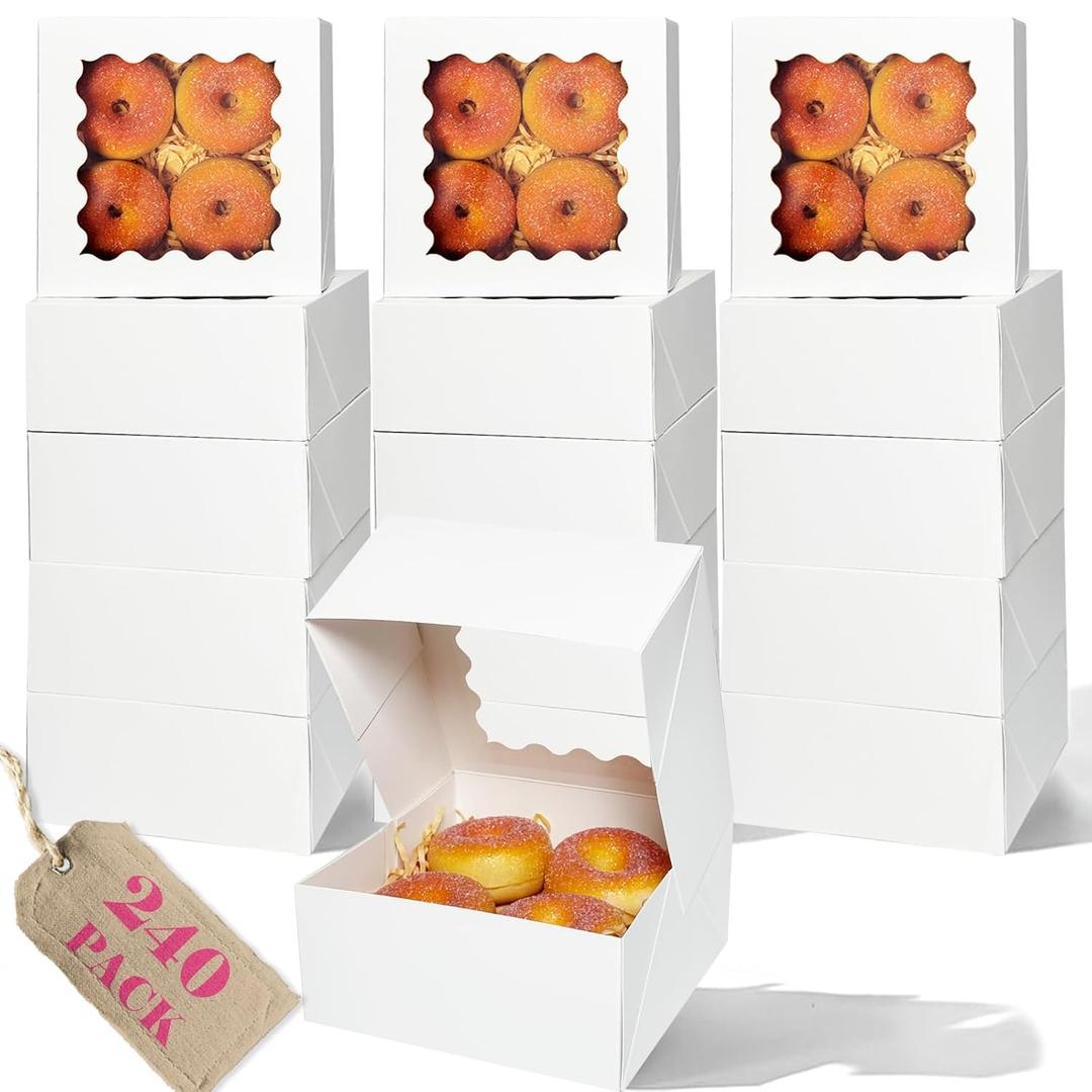 qiqee Auto-pop Up 240pcs White Bakery Box with Window 6"6"3" Macaron Boxes Small Donut Pastry Boxes for Party Mini Cookie Boxes