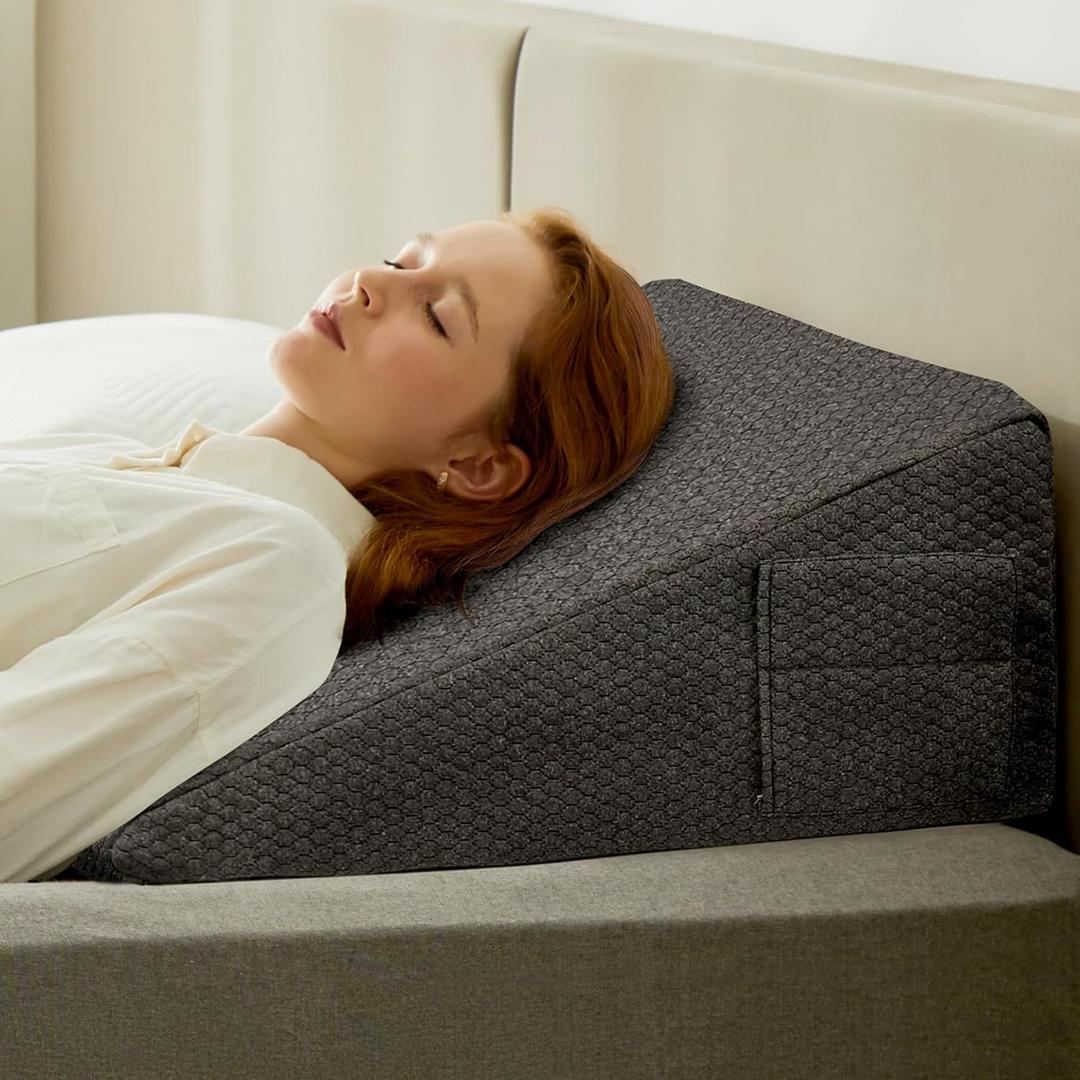 Bedluxe Wedge Pillow, 10 inch Bed Wedge Pillow, Elevated Body Pillow for Back Support, Acid Reflux, Leg, Neck Pain, Snoring, Triangle Pillow Wedge - Cooling Memory Foam Top, Dark Grey