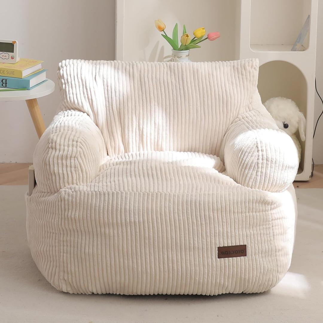 MAXYOYO Kids Bean Bag Chair, Stuffed Toddler Bean Bag Sofa with Filler Bean Bag Chair for Boys and Girls, Lazy Sofa with Pocket Floor Chair for Gaming, Reading, Beige, Standard