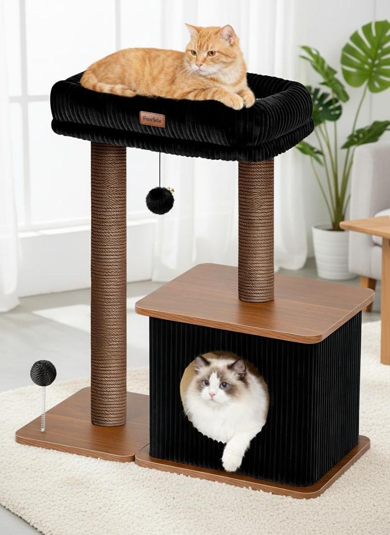 Modern Cat Tree for Indoor Cats, Nordic Loft Style, Wooden Cat Tower with Sisal Scratching Posts, Soft Padded Beds & Cozy Condos, Floor-Mounted for Kittens & Adult Cats