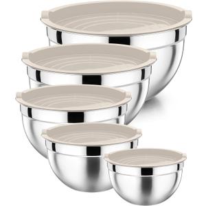 P&P CHEF Mixing Bowl with Airtight Lid Set of 5, 10-Piece Stainless Steel Nesting Salad Bowl Set for Prepping, Mixing and Serving, Size 4.6, 3, 1.5, 1, 0.7 QT, Rimmed Edges & Flat Base, Khaki