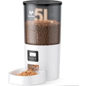 Automatic Cat Feeders, 5L Large Capacity, Timed Feeding Dry Food, Dual Power Design, Programmable Portion Size, 1-6 Meals Per Day, with Desiccant Packet, Suitable for Small Pets Food Dispenser (White)