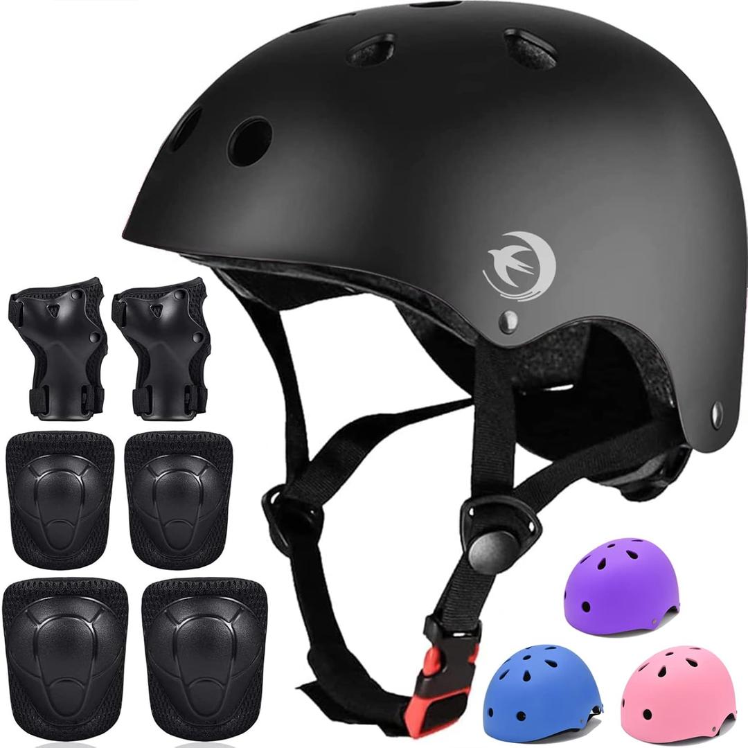 Kids Helmet Set with Knee Pads Elbow Pads Wrist Guards,Adjustable Helmet for Toddler Kids&Youth,3~14yrs Girl Boy Kids Protective Gear Set for Roller Skate Scooter Inline skatings Longboard (Small:18.9''-21.3'' / 3-8 year, black)