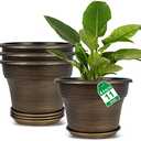 Plant Planters Pots Set of 4 Pack 11 Inch, Plastic Flower Pot for Indoor Plants with Drainage Holes & Trays, Resin Decorative Container Sets with Saucer for House Outdoor Garden Planters Dark Gold