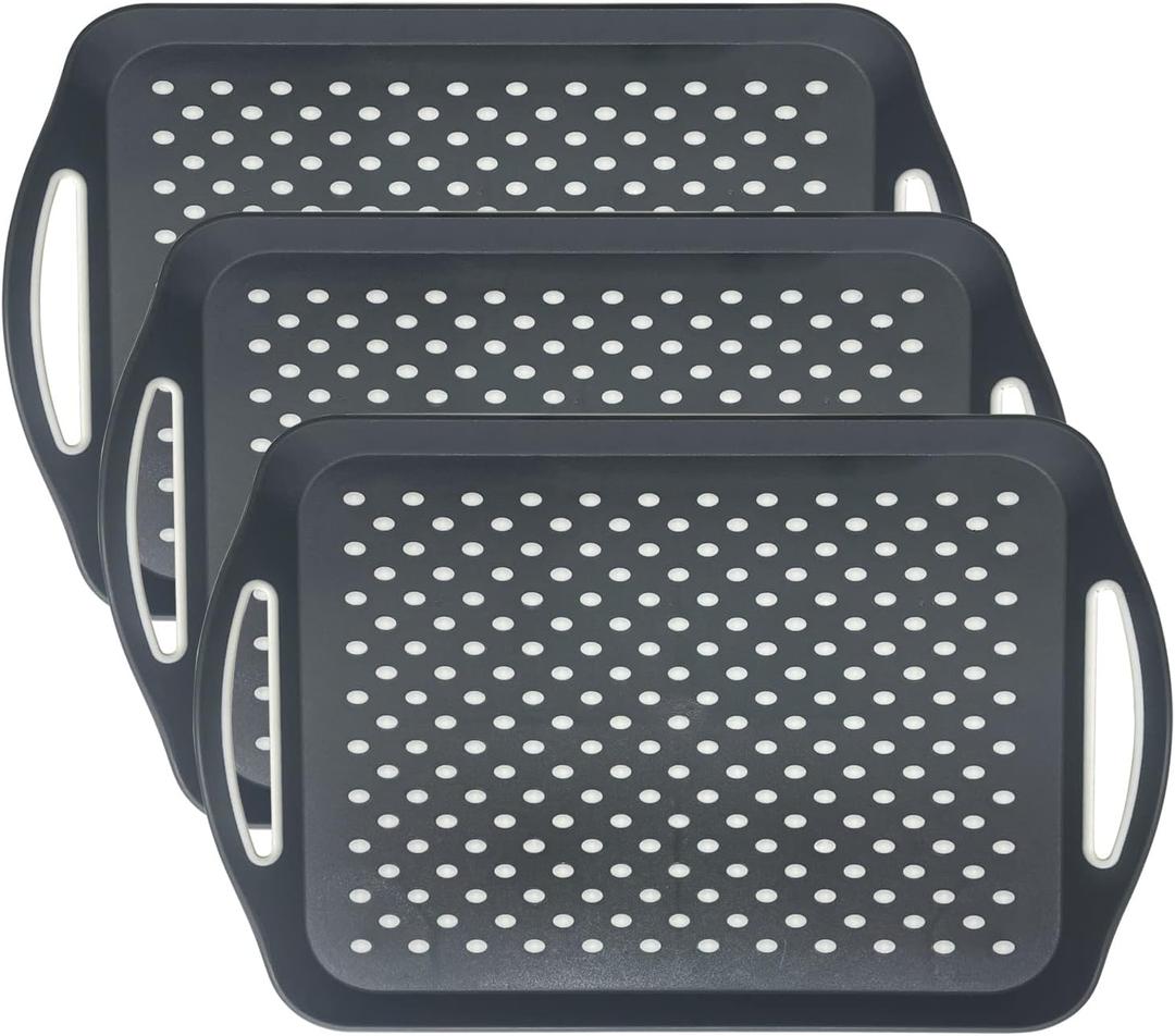 Non-Slip Serving Tray with Handles, 17.7" x 12.4" Large Food Tray Serving Platter (Gray, 3 Pack)