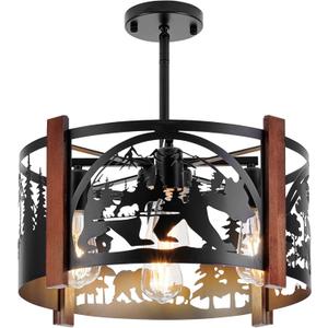 Farmhouse Rustic Slanted Ceiling Light Fixtures,4-Light Round E26 Base Black Metal Fixture with Bear Design Ideal for Kitchen, Living Room,Foyer, Bedroom, Hallway, and Rustic Style