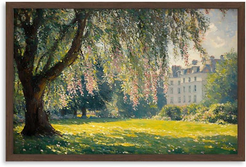 Framed Landscape Wall Art Print Vintage Impressionist Style Canvas with Tree, Flowers, and French Building Decorative Artwork for Living Room, Bedroom, or Home Office Decor, 24x16 Inch