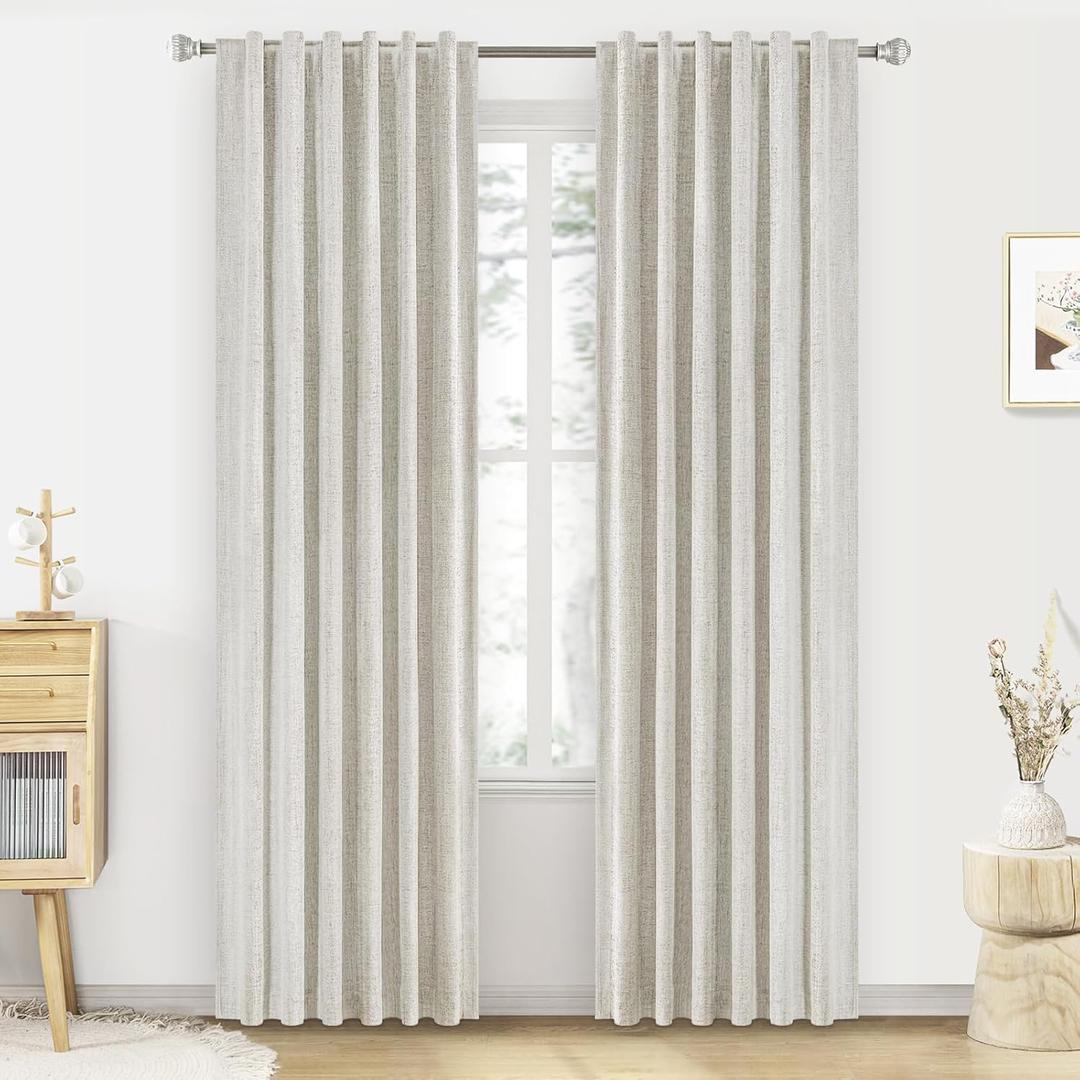 PANGSINNE Cream Linen 100% Blackout Curtains 84 Inches Long - 2 Panels Set Back Tab Drapes for Bedroom Thermal Insulated Black Out Room Darkening Window Curtain