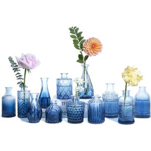 UPBUD Glass Blue Bud Vases Set of 12, Mini Flower Vase for Centerpieces, Small Glass Vases in Bulk for Bridal Shower Decorations, Vintage Vase for Wedding, Party, Graduation, Home Table Decor