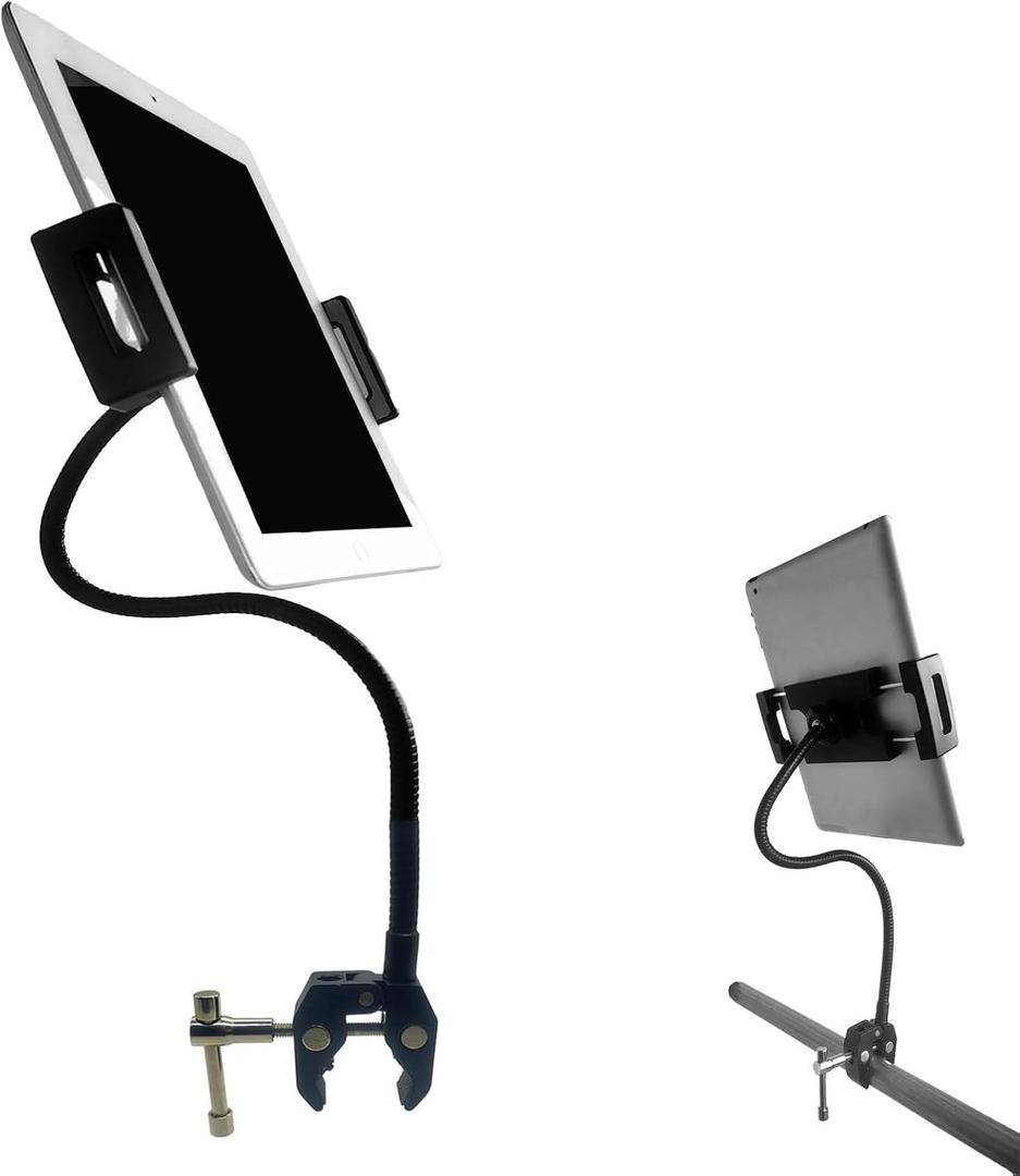 Gooseneck Tablet Holder, Universal Adjustable Mount for Stroller/Treadmill/Golf Cart/Boat/Mic Stand/Wheelchair/Exercise Bike, Compatible with 4.7-12.9 inch Tablets Phones E-Readers