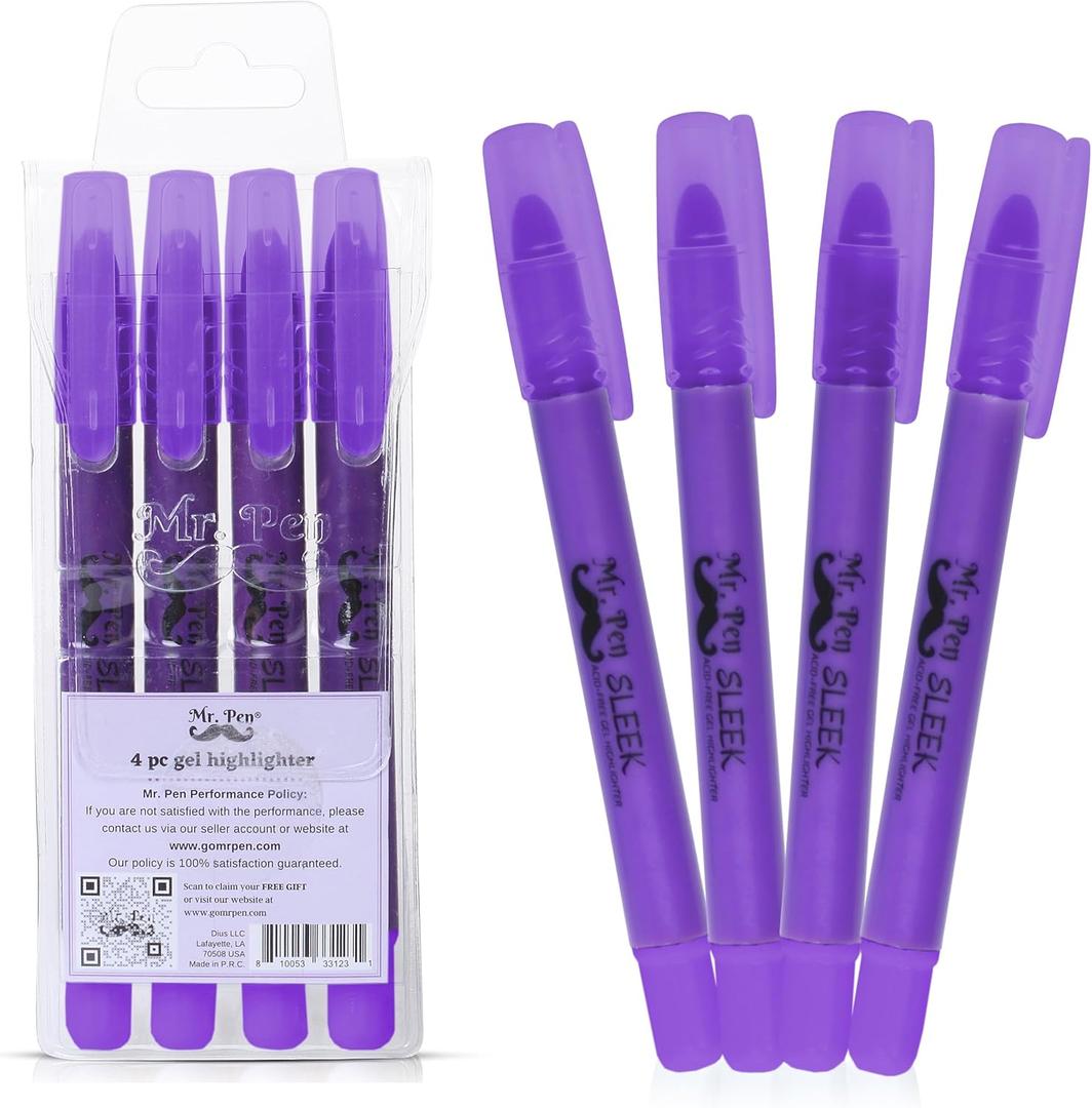 Mr. Pen No Bleed Gel Highlighter, Bible Highlighters, Purple, Pack of 4