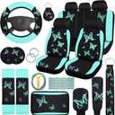 BBTO 43 Pcs Butterfly Car Seat Full Set Butterfly Car Accessories for Women 5 Front Rear Seat Covers Wrist Strap 2 Pcs Cup Mat Armrest Pad 2 Belt Xmas Cover Accessories for SUV(Mint Green, Black)