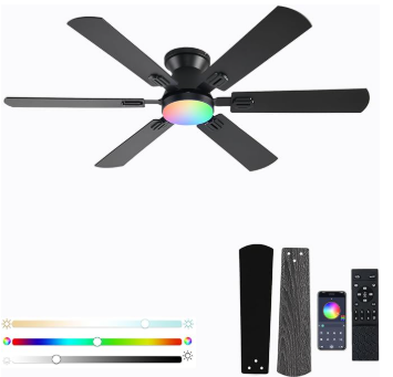 56" RGB Ceiling Fans with Lights - App & Remote Control, Quiet Reversible DC Motor, Flush Mount Double-sided Blades, 3CCT Dimmable, Smart Low Profile Ceiling Fan for Bedroom Kids Room（Black）